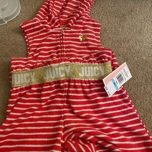 Juicy Couture Red and White Striped Hooded Jumpsuit